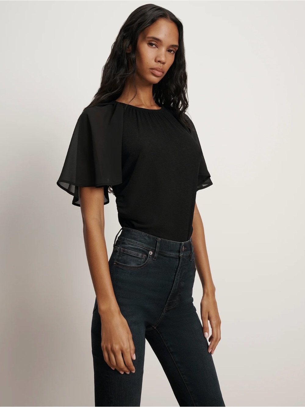 Veronica Beard Arisa Chiffon Sleeve Mixed Media Top Black Size M NWOT
